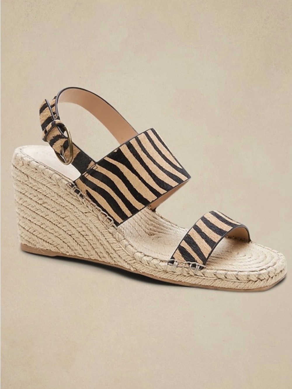 Banana Republic Zebra-Print Espadrille Wedge Sandal in Black and Tan 3.5”heel